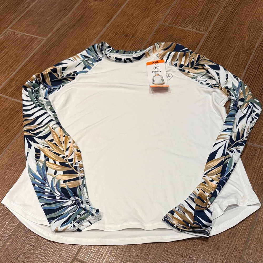 Hurley White and Leaf Print Rash Guard
